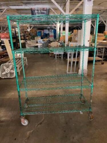 DESCRIPTION: 48" X 21" FOUR TIER COATED WIRE SHELF. ON CASTERS SIZE 48" X 20" X 72" LOCATION: BAY 6 QTY: 1