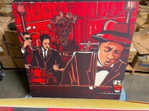DESCRIPTION: 48" X 48" ACOUSTICAL SOUND PANEL W/ CUSTOM FABRIC COVERING. JAZZ GROUP RED ADDITIONAL INFORMATION CUSTOM MADE. COST $600 PER PANEL SIZE 4