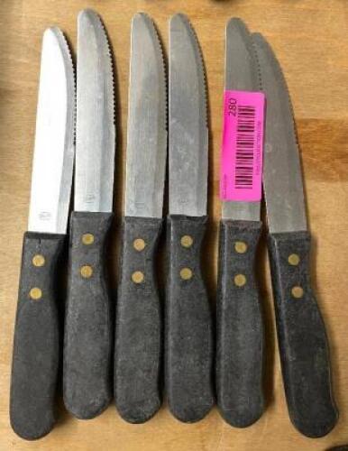 DESCRIPTION: (6) STEAK KNIVES W/ WOODEN HANDLES LOCATION: BAY 6 THIS LOT IS: SOLD BY THE PIECE QTY: 6