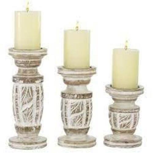 DESCRIPTION: (1) SET OF (3) CANDLE HOLDERS BRAND/MODEL: WOOD COUNTRY COTTAGE INFORMATION: WHITE MANGO RETAIL$: $30.00 TOTAL SIZE: SET OF 3, DIFFERENT