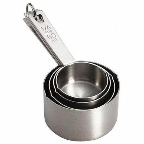 DESCRIPTION: (2) MEASURING CUPS BRAND/MODEL: TABLECRAFT INFORMATION: STAINLESS STEEL RETAIL$: $23.73 EA SIZE: 1/3 CUP, 1/2 CUP, 1/4 CUP, 1 CUP QTY: 2