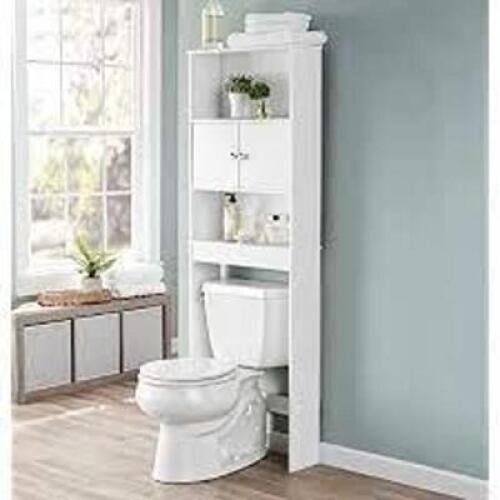 DESCRIPTION: (1) BATHROOM SPACE SAVER BRAND/MODEL: MAINSTAYS INFORMATION: WHITE RETAIL$: $50.00 EA SIZE: 3 SHELF OVER THE TOILET QTY: 1