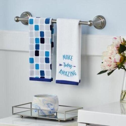DESCRIPTION: (2) DECORATIVE HAND TOWELS BRAND/MODEL: MAINSTAYS INFORMATION: BLUE AND WHITE RETAIL$: $8.98 TOTAL SIZE: "MAKE TODAY AMAZING" AND GEOMETR