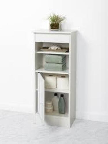 DESCRIPTION: (1) BATHROOM LINEN STAND WITH 4 SHELVES BRAND/MODEL: ZENNA INFORMATION: WHITE RETAIL$: $56.45 EA QTY: 1