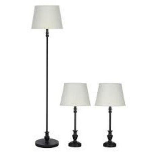 DESCRIPTION: (1) 3 PACK OF COMBO LAMPS BRAND/MODEL: BETTER HOMES AND GARDENS #BH15-020-299-04 INFORMATION: BLACK AND WHITE RETAIL$: $54.99 TOTAL SIZE: