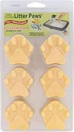 DESCRIPTION: (2) ODOR CONTROL PAWS FOR LITTER BOXES BRAND/MODEL: CITRUS MAGIC INFORMATION: FRESH LINEN AND OCEAN BREEZE RETAIL$: $5.00 EA SIZE: 6 PAWS
