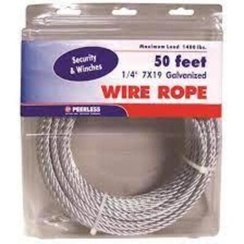 DESCRIPTION: (2) WIRE ROPE BRAND/MODEL: PEERLESS #4520211 INFORMATION: GALVANIZED RETAIL$: $29.98 EA SIZE: 1/4" X 50' QTY: 2