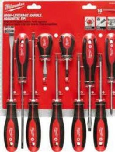 DESCRIPTION: (1) SCREWDRIVER SET WITH HIGH LEVERAGE HANDLE AND MAGNETIC TIP BRAND/MODEL: MILWAUKEE #48-22-2710 INFORMATION: RED RETAIL$: $60.97 AE SIZ