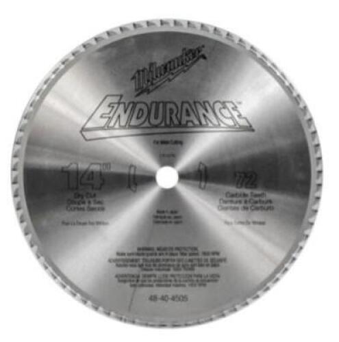 DESCRIPTION (1) MILWAUKEE CIRCULAR SAW BLADE BRAND/MODEL 48-40-4505 ADDITIONAL INFORMATION CARBIDE/RETAILS AT $181.23 SIZE 14"DISC DIA THIS LOT IS ONE