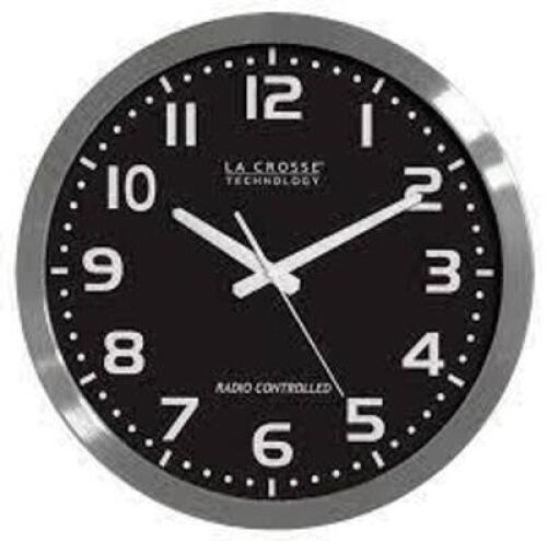 DESCRIPTION: (1) METAL ATOMIC ANALOG WALL CLOCK BRAND/MODEL: LA CROSSE #WT-3161 BK-INT INFORMATION: BLACK AND METAL RETAIL$: $60.00 EA SIZE: 16" QTY: