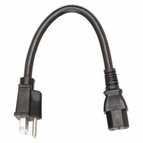 DESCRIPTION: (6) POWER CORD BRAND/MODEL: GRAINGER #5XFL5 INFORMATION: BLACK AND METAL RETAIL$: $5.00 EA SIZE: 14 AWG Wire Size, 1 ft Cord Lg, IEC C13,