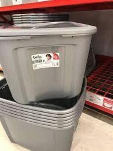 DESCRIPTION: (2) STORAGE TOTE BRAND/MODEL: BELLA STORAGE SOLUTIONS INFORMATION: GREY RETAIL$: $11.20 EA SIZE: 19 GAL QTY: 2