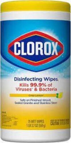 DESCRIPTION: (6) DISINFECTING WIPES BRAND/MODEL: CLOROX/15948 INFORMATION: LEMON FRESH/75-COUNT RETAIL$: 10.99 EACH SIZE: 75 WIPES QTY: 6