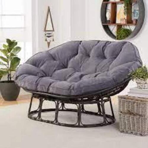 DESCRIPTION: (1) PAPASAN BENCH WITH CUSHION BRAND/MODEL: BETTER HOMES & GARDENS INFORMATION: CHARCOAL GRAY VELVET-LOOK RETAIL$: $277.05 EA SIZE: 63.8"