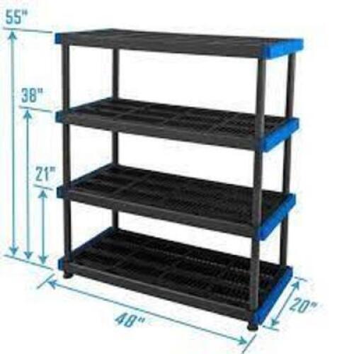 DESCRIPTION: (1) HEAVY DUTY STORAGE SHELVES BRAND/MODEL: HART #206292 INFORMATION: BLACK AND BLUE RETAIL$: $69.67 EA SIZE: 20" X 48" X 55", 4 TIER QTY