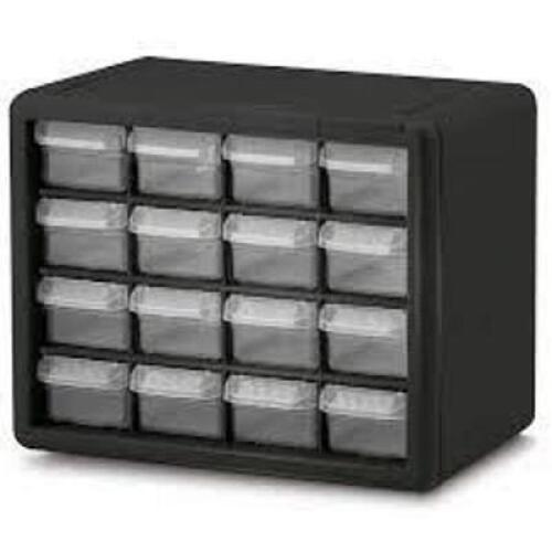 DESCRIPTION: (1) PLASTIC STORAGE CABINET BRAND/MODEL: AKRO-MILS #10716 INFORMATION: BLACK RETAIL$: $11.08 EA SIZE: 16 DRAWER QTY: 1