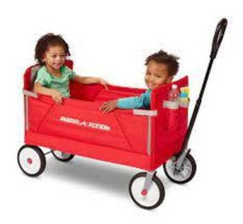 DESCRIPTION: (1) EZ FOLD WAGON BRAND/MODEL: RADIO FLYER/3950 INFORMATION: RED/3-IN-1/WEIGHT CAPACITY: 150 LBS RETAIL$: $89.99 SIZE: 39.97"L X 21.6"W X