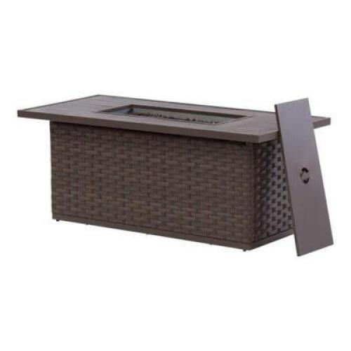 DESCRIPTION: (1) PATIO FIRE PIT DINING TABLE BRAND/MODEL: BETTER HOMES & GARDENS/BH19-092-097-26 SIZE: 63.38" L X 29.13"W X 25.59"H QTY: 1