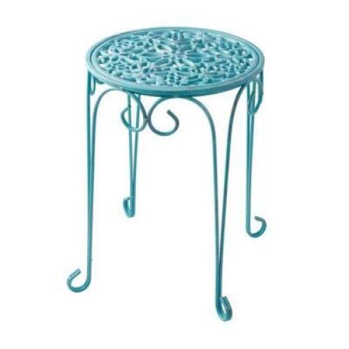 DESCRIPTION: 16" CAST IRON PLANT STAND TEAL WITH DISTRESSED FINISH BRAND/MODEL: THE PIONEER WOMAN RETAIL: $19.97 LOCATION: SHOWROOM 1 QTY: 1