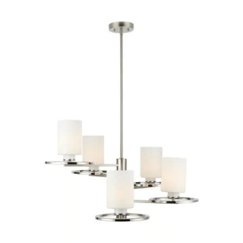 DESCRIPTION: SILAS PEAK 5-LIGHT POLISHED NICKEL AND BRUSHED NICKEL CHANDELIER BRAND/MODEL: HOME DECORATORS COLLECTION RETAIL: $199.00 LOCATION: SHOWRO