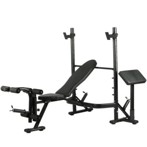 DESCRIPTION: ADJUSTABLE WEIGHT BENCH WITH OLYMPIC SQUAT RACK, ARM AND LEG DEVELOPER WITH PREACHER PAD BRAND/MODEL: PRCTZ INFORMATION: 620 LB. BENCH LI