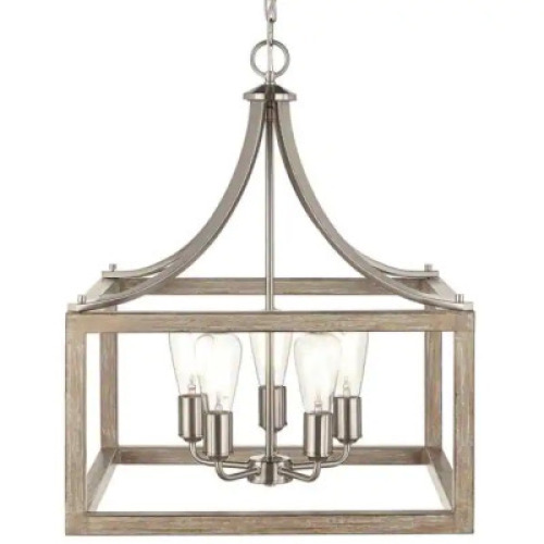 DESCRIPTION: BOSWELL QUARTER 20" 5-LIGHT BRUSHED NICKEL FARMHOUSE SQUARE PENDANT CHANDELIER WITH WEATHERED WOOD ACCENTS BRAND/MODEL: HAMPTON BAY RETAI