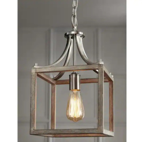 DESCRIPTION: BOSWELL QUARTER 1-LIGHT BRUSHED NICKEL MINI-PENDANT WITH WEATHERED WOOD ACCENTS BRAND/MODEL: HAMPTON BAY LOCATION: SHOWROOM 1 QTY: 1