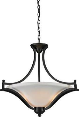 DESCRIPTION: LAGOON 3-LIGHT PENDANT WITH STEEL FRAME IN MATTE BLACK AND MATTE OPAL GLASS SHADE BRAND/MODEL: Z-LITE RETAIL: $282.00 LOCATION: SHOWROOM