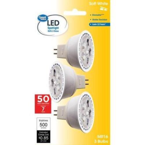 DESCRIPTION: 3CT PACK OF MR16 LED DIMMABLE LIGHT BULBS BRAND/MODEL: GREAT VALUE RETAIL: $9.97 LOCATION: SHOWROOM 1 QTY: 1