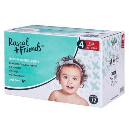 DESCRIPTION: 72CT BOX OF SIZE 4 PREMIUM DIAPERS BRAND/MODEL: RASCAL + FRIENDS RETAIL: $19.97 LOCATION: SHOWROOM 1 QTY: 1