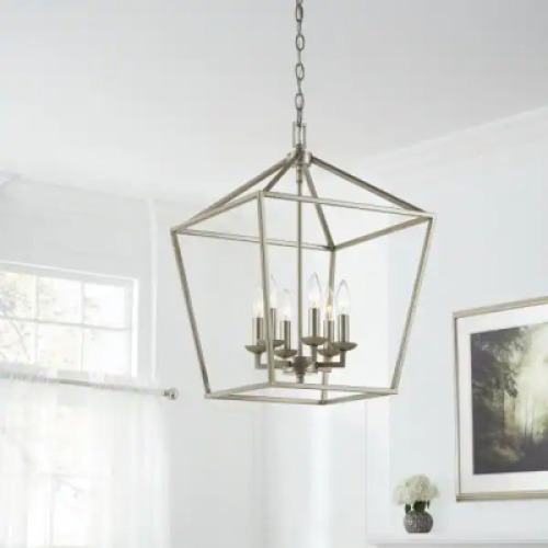 DESCRIPTION: WEYBURN 6-LIGHT ANTIQUE SILVER LEAF CAGED FARMHOUSE CHANDELIER FOR DINING ROOM BRAND/MODEL: HOME DECORATORS COLLECTION RETAIL: $149.00 LO