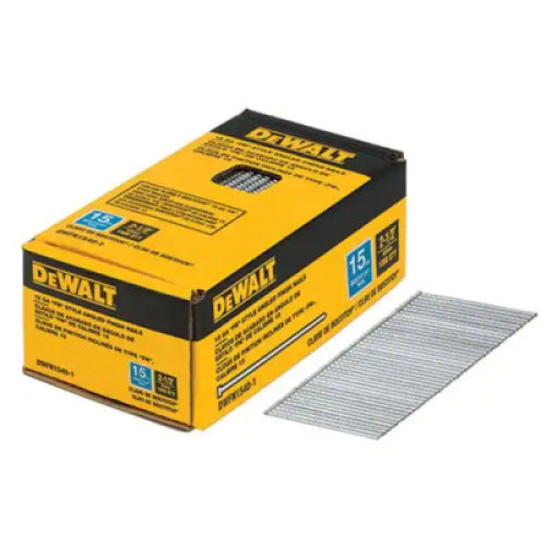 DESCRIPTION: 1000CT BOX OF 2-1/2" 15 GAUGE GLUE BRIGHT STEEL ANGLED FINISH NAILS BRAND/MODEL: DEWALT DWFN1540-1 RETAIL: $25.48 LOCATION: SHOWROOM 1 QT