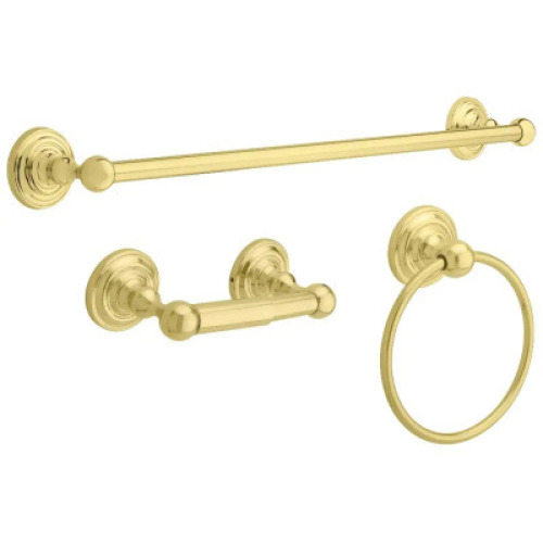 DESCRIPTION: GREENWICH 3PC BATH HARDWARE SET WITH TOWEL RING TOILET PAPER HOLDER AND 24" TOWEL BAR IN POLISHED BRASS BRAND/MODEL: DELTA RETAIL: $54.98