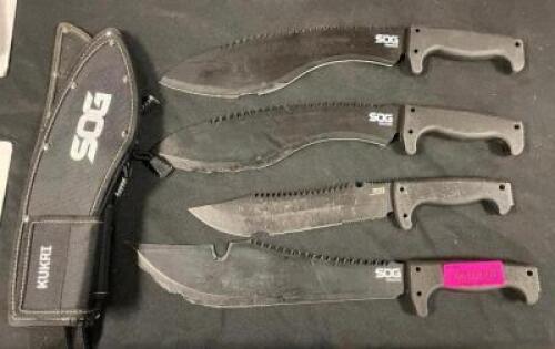 DESCRIPTION: (4) ASSORTED KNIVES WITH ASSORTED SHEATHES BRAND/MODEL: SOG INFORMATION: ALL HAVE DAMAGE - SEE PHOTOS LOCATION: SHOWROOM 1 QTY: 4