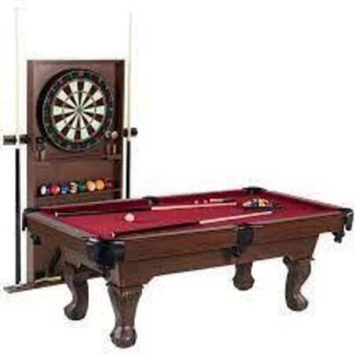 DESCRIPTION: 90" BARRINGTON BILLIARDS BALL AND CLAW LEG POOL TABLE, CUE RACK AND DARTBOARD SET- BERGUNDY BRAND/MODEL: BARRINGTON INFORMATION: NOTICE: