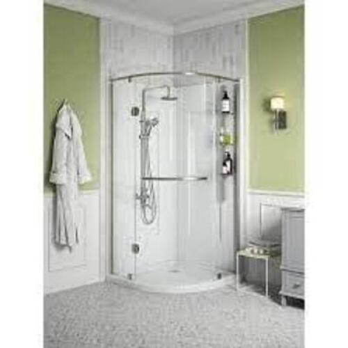 DESCRIPTION: GLAMOUR 38 IN. X 77 IN. CORNER DRAIN CORNER SHOWER KIT IN WHITE AND SATIN NICKEL HARDWARE BRAND/MODEL: GLACIER BAY RETAIL$: $1,237.00 SIZ