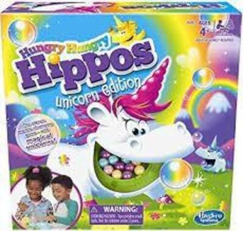 DESCRIPTION: HUNGRY HIPPOOS UNICORN EDITION BOARD GAME BRAND/MODEL: HASBRO RETAIL$: $22.99 LOCATION: SHOWROOM 1 QTY: 1