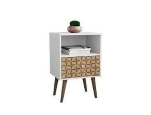 DESCRIPTION: (1) NIGHTSTAND WITH 1 FULL EXTENSION DRAWER AND OPEN CUBBY SPACE BRAND/MODEL: MANHATTAN COMFORT #203AMC67 INFORMATION: WHITE AND WOOD RET