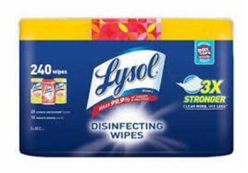 DESCRIPTION: (1) PACK OF (3) CONTAINERS OF DISINFECTING WIPES BRAND/MODEL: LYSOL RETAIL$: $11.97 EA QTY: 1