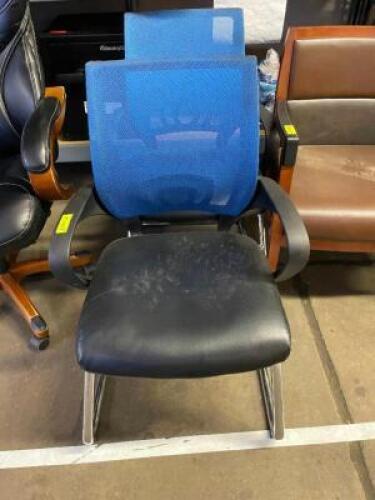 DESCRIPTION: (2) BLUE MESH BACK ARM CHAIRS W/ CHROME BASES. LOCATION: BREEZE WAY THIS LOT IS: SOLD BY THE PIECE QTY: 2