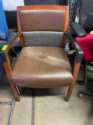 DESCRIPTION: BROWN OFFICE ARM CHAIR W/ WOODEN FRAME LOCATION: BREEZE WAY QTY: 1