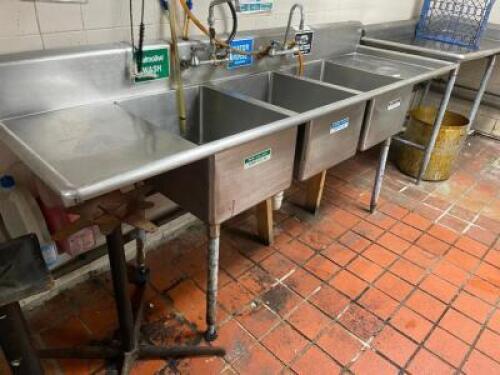90" THREE WELL STAINLESS POT SINK W/ LEFT AND RIGHT DRY BOARDS