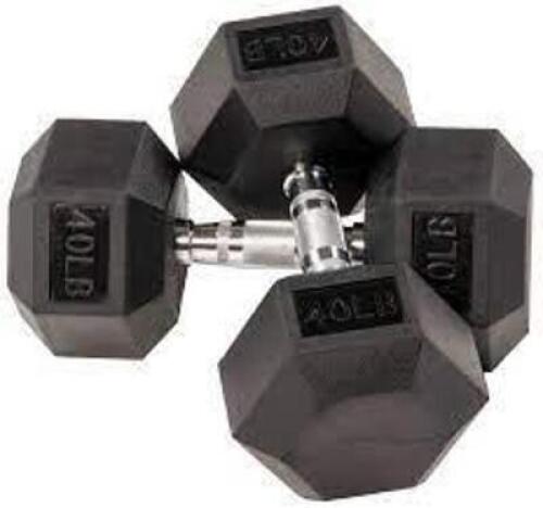 DESCRIPTION: (1) SET OF (2) RUBBER HEX DUMBBELLSBRAND/MODEL: BALANCEFROMINFORMATION: BLACKRETAIL$: $150.00 TOTALSIZE: 40 LBS EACHQTY: 1