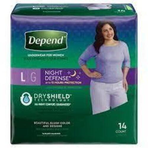DESCRIPTION: (2) CONTAINERS OF (14) NIGHT DEFENSE PULL UP UNDERWEAR BRAND/MODEL: DEPENDS RETAIL$: $20.00 EA SIZE: LARGE QTY: 2