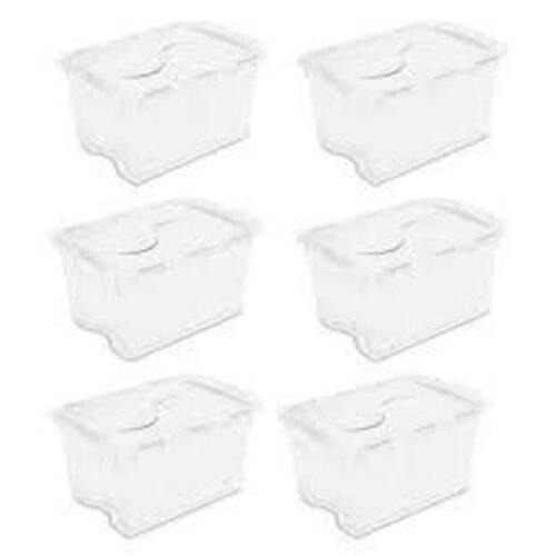 DESCRIPTION: (6) HINGED LID TOTE BOX BRAND/MODEL: STERILITE #1914 INFORMATION: CLEAR RETAIL$: $78.90 TOTAL SIZE: 48 QT QTY: 6