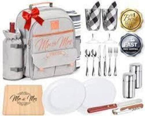 DESCRIPTION: (1) MR AND MRS PICNIC BAC WEDDING GIFT FOR COUPLES BRAND/MODEL: DELUXY INFORMATION: GRAY RETAIL$: $100.00 EA QTY: 1