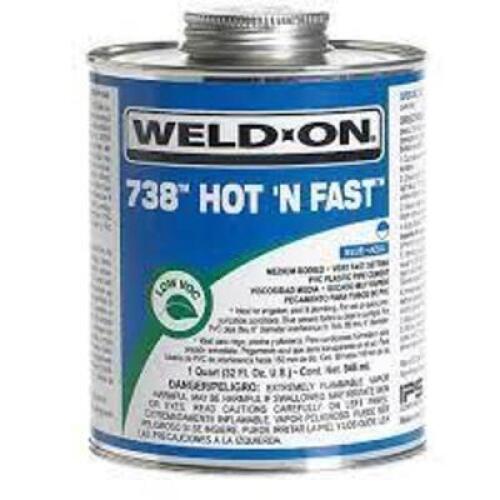 DESCRIPTION: (4) BLUE CEMENT FOR PVC PIPE FITTINGS BRAND/MODEL: WELD-ON 738 HOT N FAST RETAIL$: $12.85 EA SIZE: 16 FL OZ QTY: 4