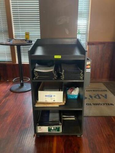 NAME: 4 FT. HOSTESS STAND DESCRIPTION: 4 FT. HOSTESS STAND ADDITIONAL INFORMATION: CONTENTS NOT INCLUDED SIZE: 4' X 23" X 24" LOCATION: DINING AREA TH