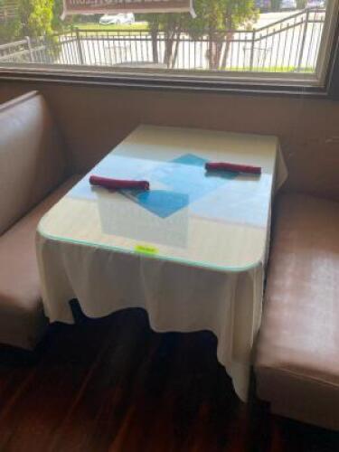 NAME: 41.5" DINING TABLE WITH GLASS PANEL TOP DESCRIPTION: 41.5" DINING TABLE WITH GLASS PANEL TOP ADDITIONAL INFORMATION: TABLE CLOTH NOT INCLUDED. C