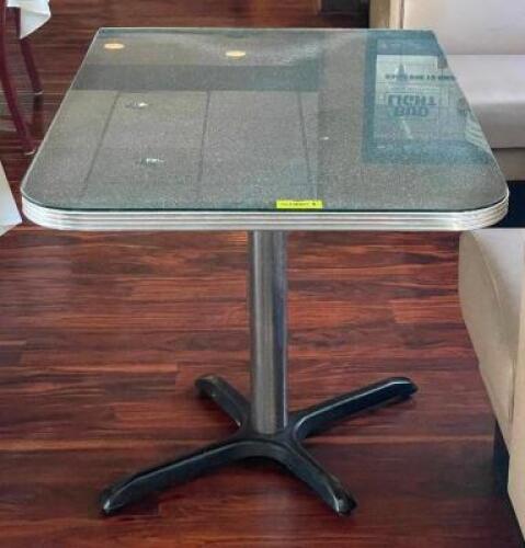 NAME: 41.5" DINING TABLE WITH GLASS PANEL TOP DESCRIPTION: 41.5" DINING TABLE WITH GLASS PANEL TOP ADDITIONAL INFORMATION: TABLE CLOTH NOT INCLUDED. C